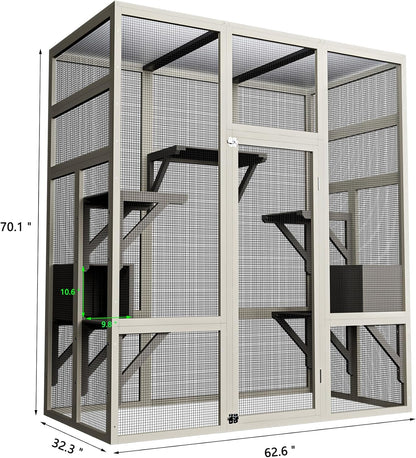 71" Large Outdoor Catio for Cats, Wooden Walk-in Cat Enclosure with Weatherproof Roof, Catio Outdoor Cat Enclosure with 5 Platforms & 2 Cozy Napping Boxes