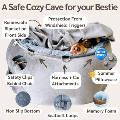 Dog Car Seat for Small Dogs & Puppies, Memory Foam Booster Carseat, Luxury Cozy Cover Cave Bed & Attachable Blanket & Free Toy, Washable, for Front & Back Seat, Small Dogs & Pets Under 30lbs