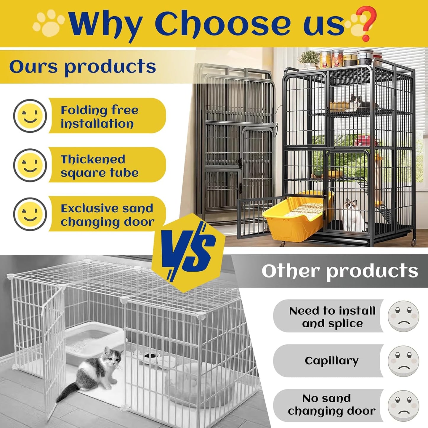 Collapsibles Cat Cages Indoor,Portable Cats Enclosures 2/3/4-Tier,Heavy-Duty Cat Playpens with Universal Wheels,Large Metal Animal cage Pet Crate No Assemblys Required (Black, 4-Tier (No Litter Box))