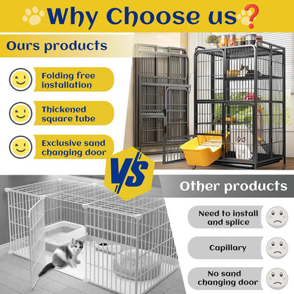 Collapsibles Cat Cages Indoor,Portable Cats Enclosures 2/3/4-Tier,Heavy-Duty Cat Playpens with Universal Wheels,Large Metal Animal cage Pet Crate No Assemblys Required (Black, 4-Tier (No Litter Box))
