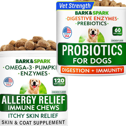 BARK&SPARK Dog Allergy Relief Chews + Dog Probiotics for Digestive Health & Enzymes - Itchy Skin Relief Treatment Pills - Diarrhea, Gas, Upset Stomach Relief & Season Allergy