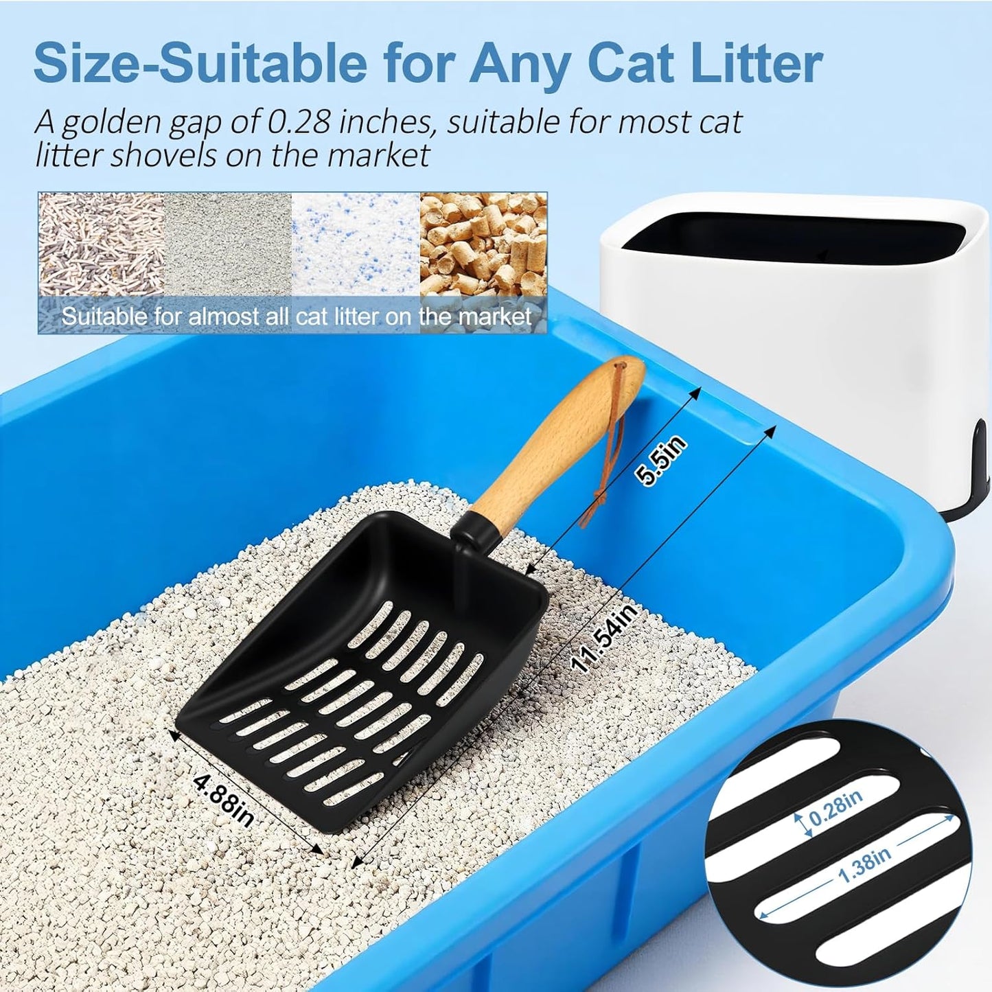 Cat Litter Scoop, Metal Litter Scoop with Holder, Heavy Duty Metal Cat Scooper for Litter Box, Black Sifter Scoop for Pellets, Wooden Handle Scoop with Hole, Kitty Necessity (5.5" Handle with Holder)