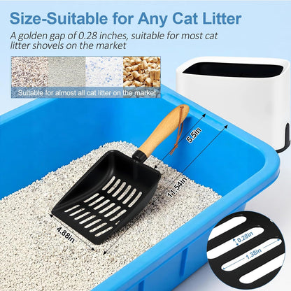 Cat Litter Scoop, Metal Litter Scoop with Holder, Heavy Duty Metal Cat Scooper for Litter Box, Black Sifter Scoop for Pellets, Wooden Handle Scoop with Hole, Kitty Necessity (5.5" Handle with Holder)