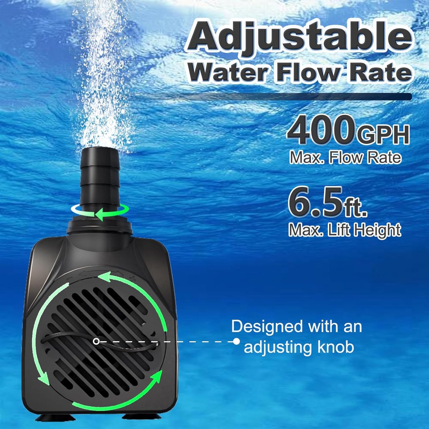 400GPH 10ft Power Cord Submersible Pump,Over Heating Protection Water Feature Pump with 6.5ft Lift for Fountains, Ponds, Aquariums & Hydroponics.