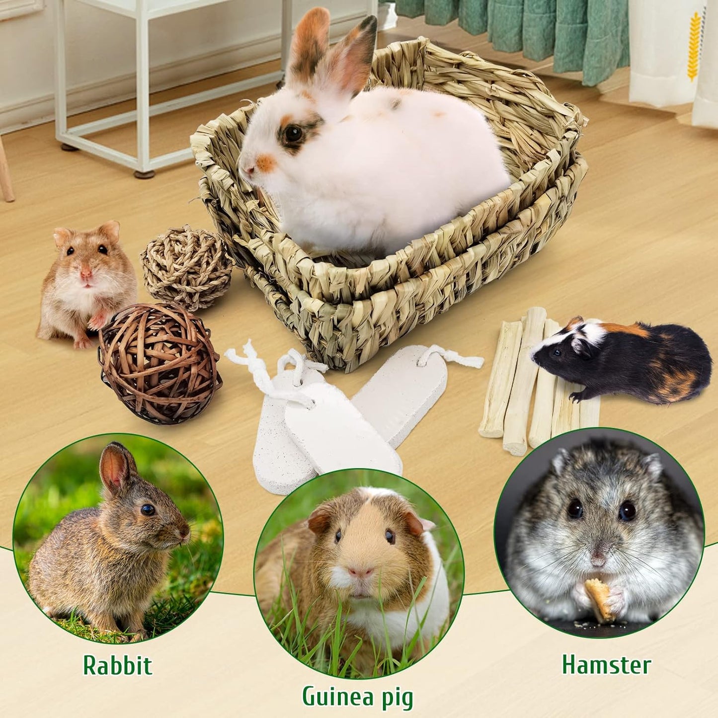 Hamiledyi Rabbit Grass Bed for Bunny, 12 Pcs Pet Bunny Chew Toys Natural Hand-Made Woven Hay Mat Hamster Grass Basket Small Animals Bedding for Guinea Pig Chinchilla Ferret Gerbil Rat