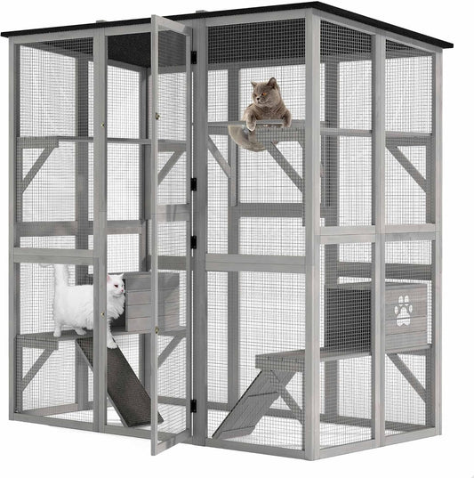 DWVO Cat House Outdoor Catio Kitty Enclosure 71" Walk in Cat Kennel Large Kitten Cage with Platforms, 2 Cats Scratcher Ramp and Small Cats House, Space Capsule Bed