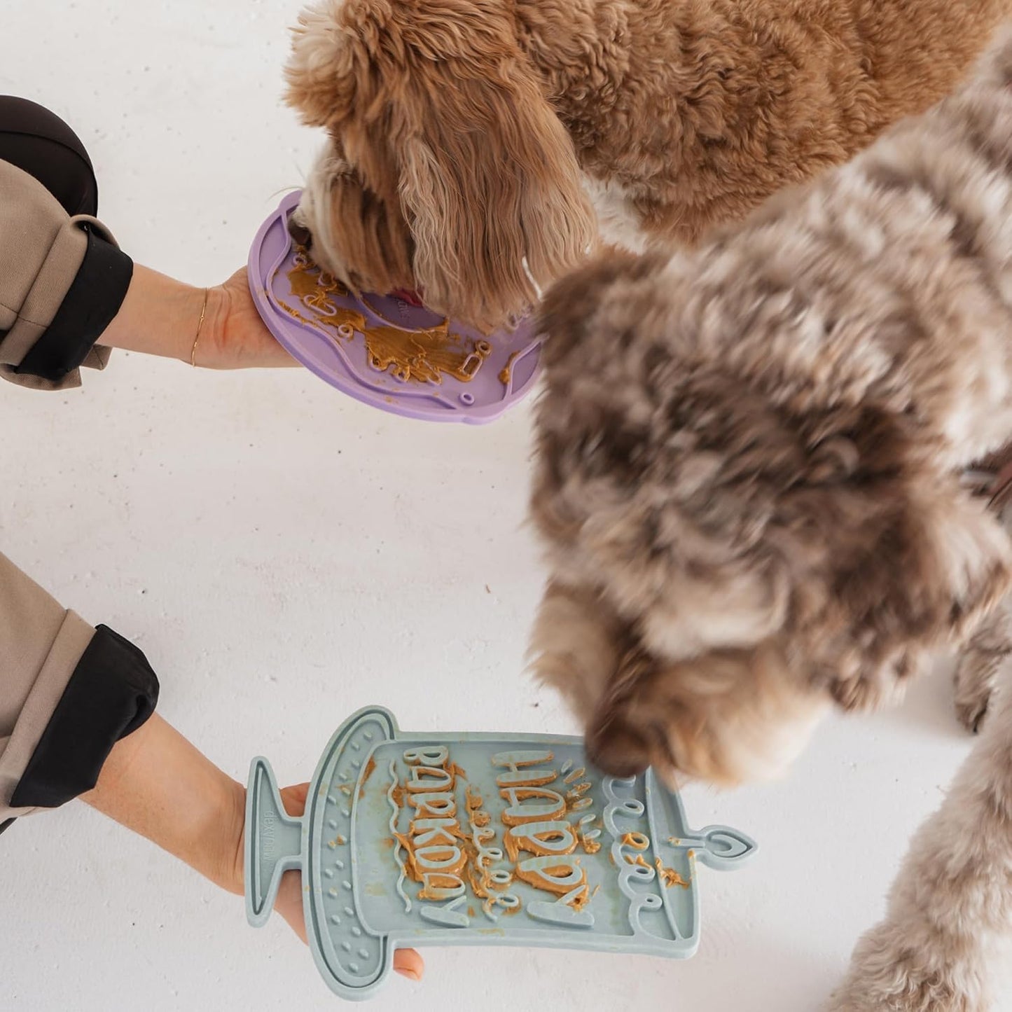 Enrichment Lick Mat: Seafoam Bark Day Bash - Grooved Silicone Dog Feeding Dish, Spread Food-Treats onto The Mat, Pet Soothing, Suction Back
