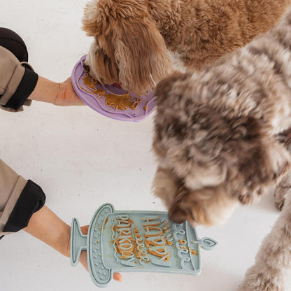 Enrichment Lick Mat: Seafoam Bark Day Bash - Grooved Silicone Dog Feeding Dish, Spread Food-Treats onto The Mat, Pet Soothing, Suction Back