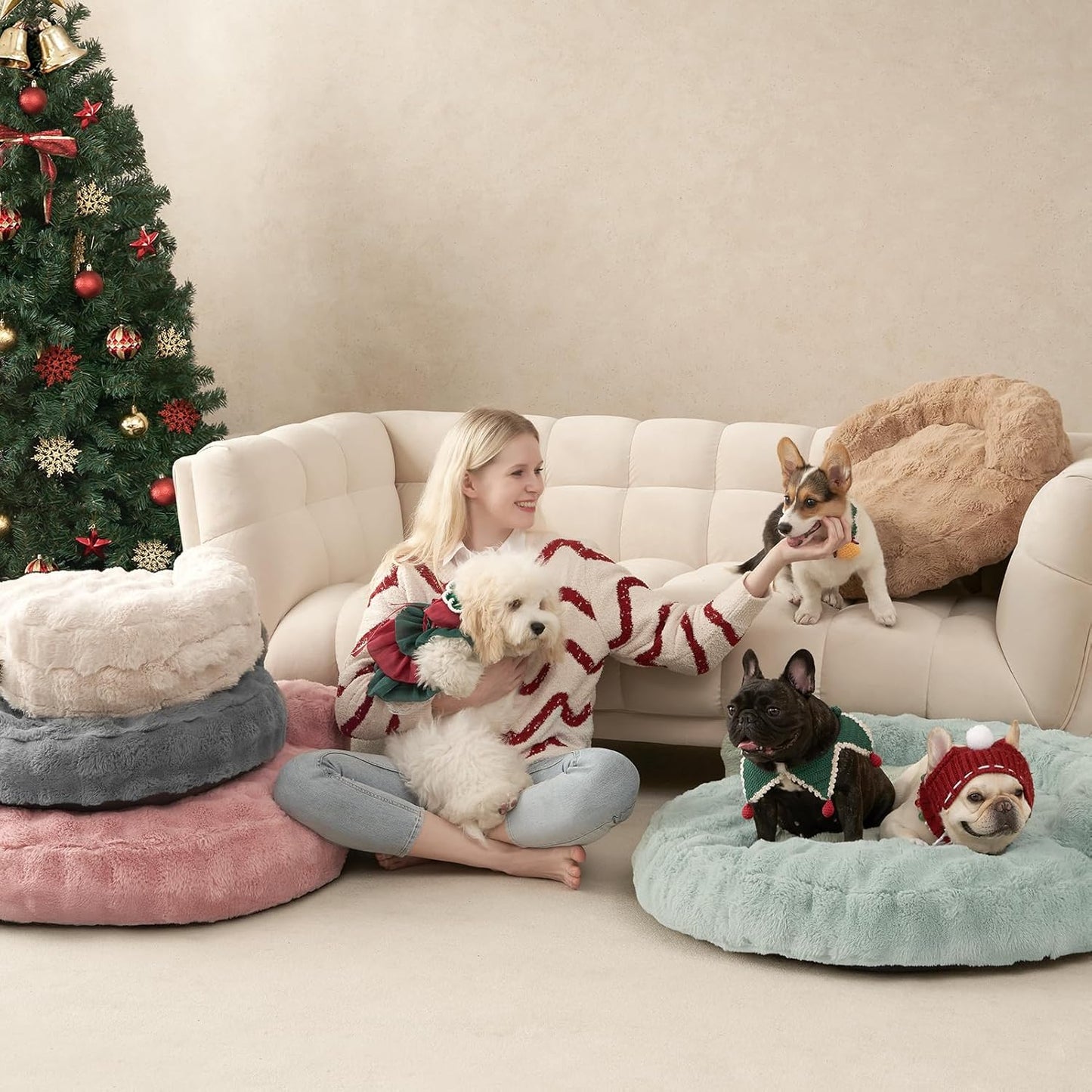 EHEYCIGA Small Dog Bed and Cat Couch for Puppy and Kitten - Fluffy Faux Rabbit Fur Pet Sofa with Washable Removable Cover, Waterproof and Non-Slip, 23 Inch Cream