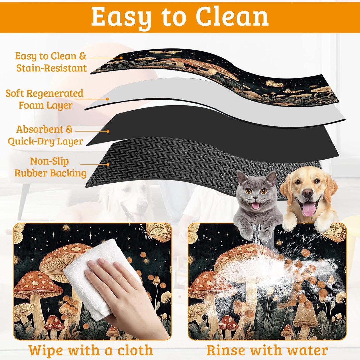 Fantasy Mushroom Dog Cat Food Mat,Butterfly Stars Absorbent Waterproof Placemat for Food and Water Non Slip Rubber Backing Durable Feeding Pad for Clean Floors 16" x 24"