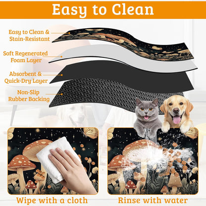 Fantasy Mushroom Dog Cat Food Mat,Butterfly Stars Absorbent Waterproof Placemat for Food and Water Non Slip Rubber Backing Durable Feeding Pad for Clean Floors 16" x 24"