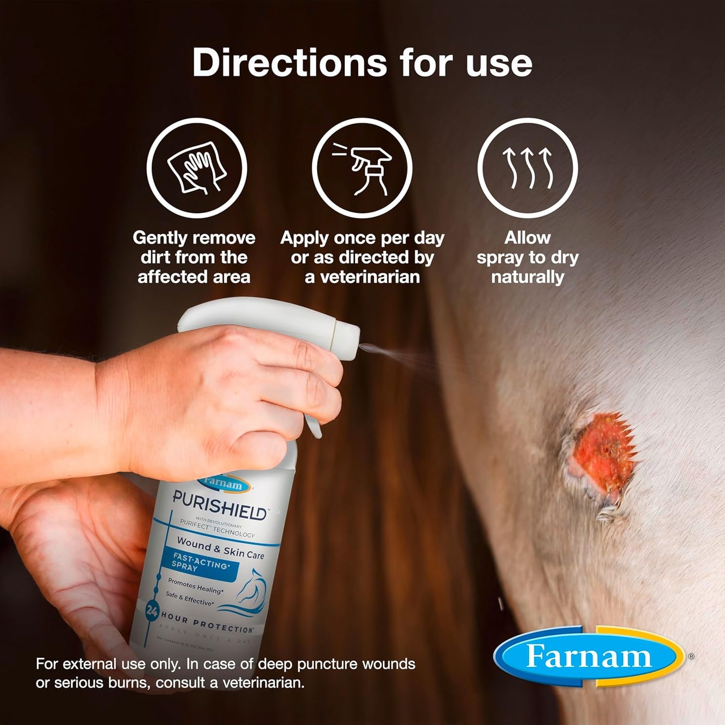 Farnam Purishield Horse Wound Care Fast-Acting Spray for Horses, Dogs, Cats & Livestock, 24-Hour Protection*, Cleans, Treats and Promotes Healing*