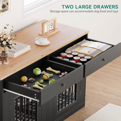 YITAHOME 60" Double Wooden Dog Crate Furniture with Removable Divider & Storage Drawers, 2 Doors Kennel with Locks for Medium & Large Dogs, Multi-Functional Dog Crate End Table for Indoor use, Black