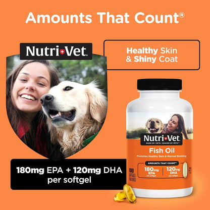 Nutri-Vet Fish Oil Supplement for Dogs, Omega 3, Fish Oil for Dogs, Pet Supplies, Pet Vitamins and Supplements, EPA DHA Formula, Puppy Vitamins, Shed Control, New Puppy Essentials, 100 Count