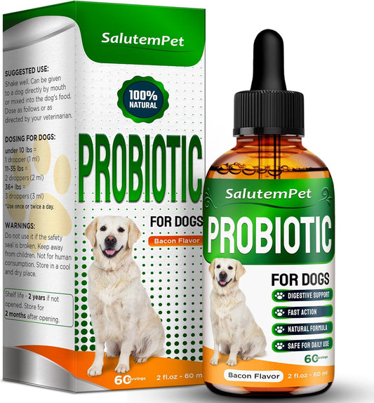 Probiotics for Dogs | Liquid Probiotics for Dogs and Puppies | Prebiotic & Digestive Enzymes | Gut Flora Support and Digestive Care | Bacon Taste | 2 Oz
