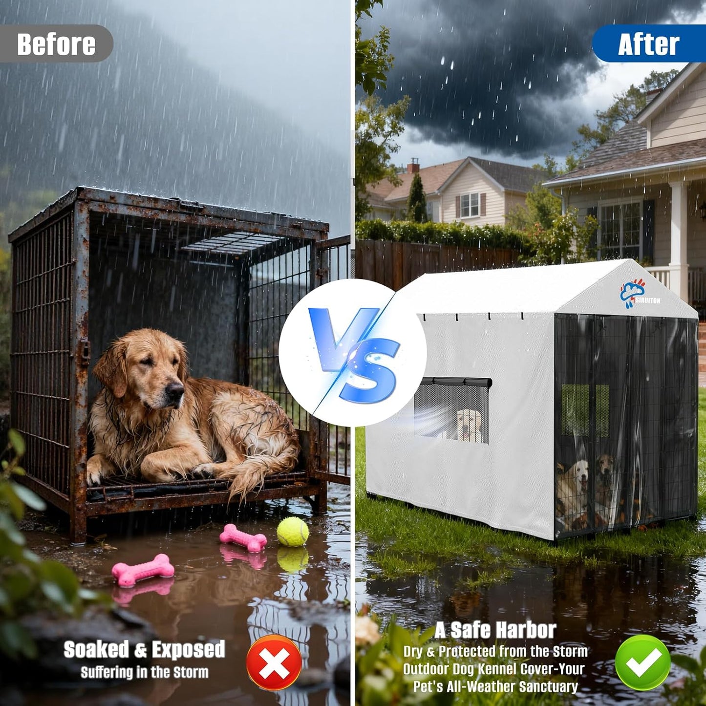 SIRUITON Outdoor Dog Kennel Cover,600D Full Coverage Waterproof Kennel Covers,With Transparent Film,Breathable Mesh Curtain & 4 Waterproof Zippers,Rain,Snowproof,Wind & Sun,8'Dx4.1'Wx6'H(Only Cover)