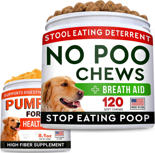 No Poo + Pumpkin for Dogs Bundle - Coprophagia Stool Eating Deterrent + Upset Stomach - Probiotics&Digestive Enzymes + Pure Pumpkin Powder - Stop Eating Poop + Digestion - 120ct + 8.1oz - Made in USA