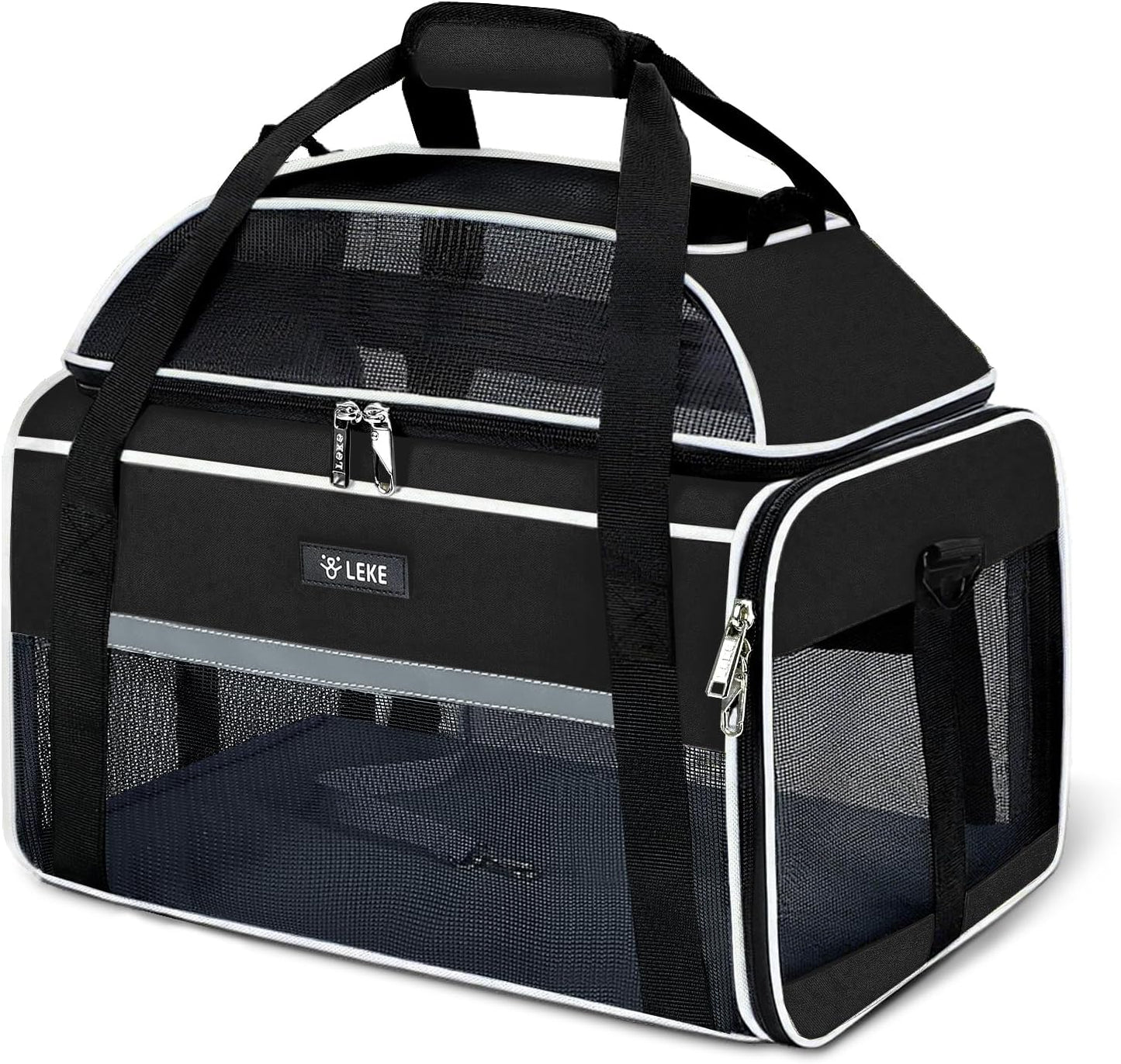 Lekereise Top-Expandable Pet Carrier with Dog Collar Light LED - TSA Airline Approved Soft Sided Underseat Up to 15lbs Travel Carriers for Small Cats and Dogs Black
