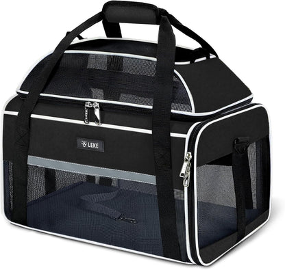 Lekereise Top-Expandable Pet Carrier with Dog Collar Light LED - TSA Airline Approved Soft Sided Underseat Up to 15lbs Travel Carriers for Small Cats and Dogs Black