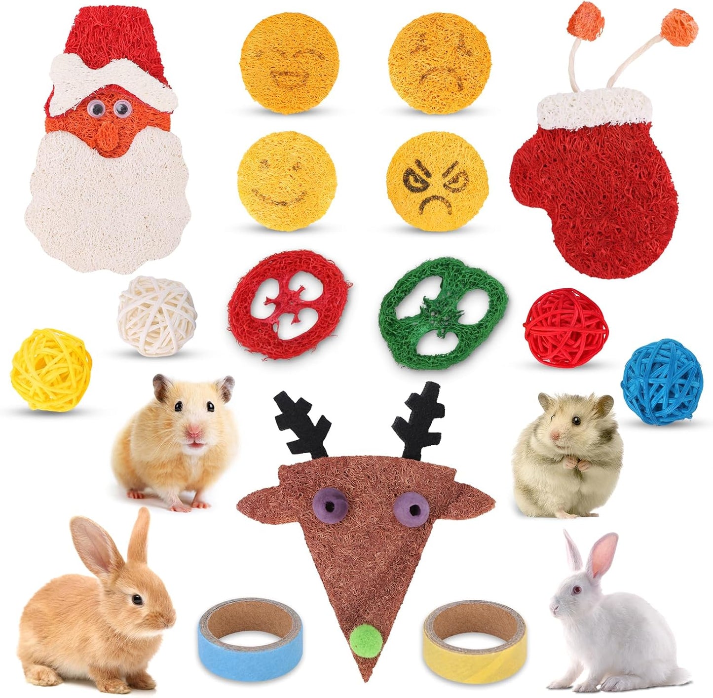 Christmas Bunny Chew Toy, 15 Pcs Natural Loofah Chew Toys for Guinea Pig Kitten Rabbit Hamster Chinchillas Gerbil Budgie,Chew Toys for Teeth & Cage Deco