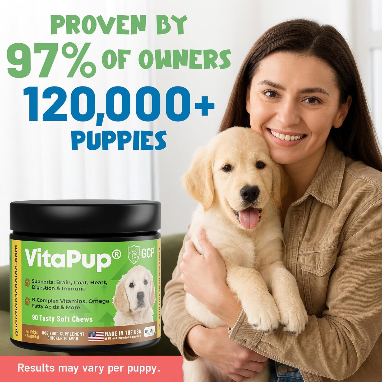 Guardian’s Choice VitaPup Puppy Vitamins Chews, Dog Vitamins for Growth, Digestion, Coat, Brain & Immune Support, Daily Multivitamin for Dogs with Omega 3, Biotin, & Calcium, 90 Tasty Soft Chews