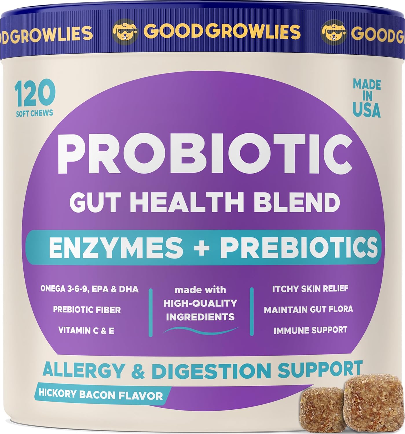 Probiotics for Dogs + Digestive Enzymes - Omega & Pumpkin - Gut Health & Immunity Support - Relieves Diarrhea, Gas, Constipation - Made in USA - 120 Chews Pack of 1 Lamb