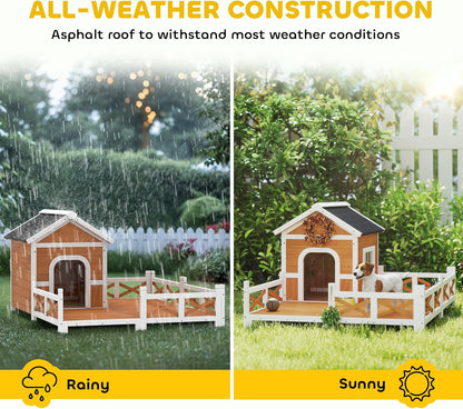 PawHut Outdoor Dog House, 56" Wooden Dog House with Large Porch, Weatherproof & Openable Roof, Elevated Base, Removable Floor, Outside Shelter for Small to Medium Breeds, 47" × 56" × 31.5"