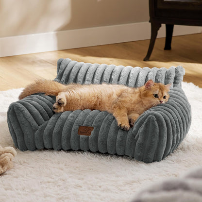 Bedsure Cute Cat Couch for Pets - Fluffy Cat Sofa with Premium Soft Corduroy Fleece, Fuzzy Pet Couch Bed with Removable Washable Cover, Supportive Pet Chair for Indoor Cats, 24inch, Warm Grey
