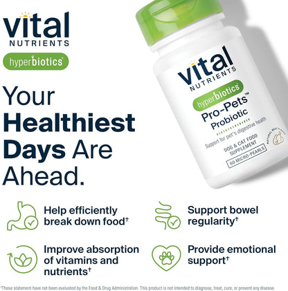 Vital Nutrients Pro Pets Probiotics for Dogs and Cats | Dog Probiotics for Digestive Health, Gut Health, Occasional Diarrhea* | Tasty Meat Flavor | Non-GMO | Hyperbiotics | 60 Micro Tablets
