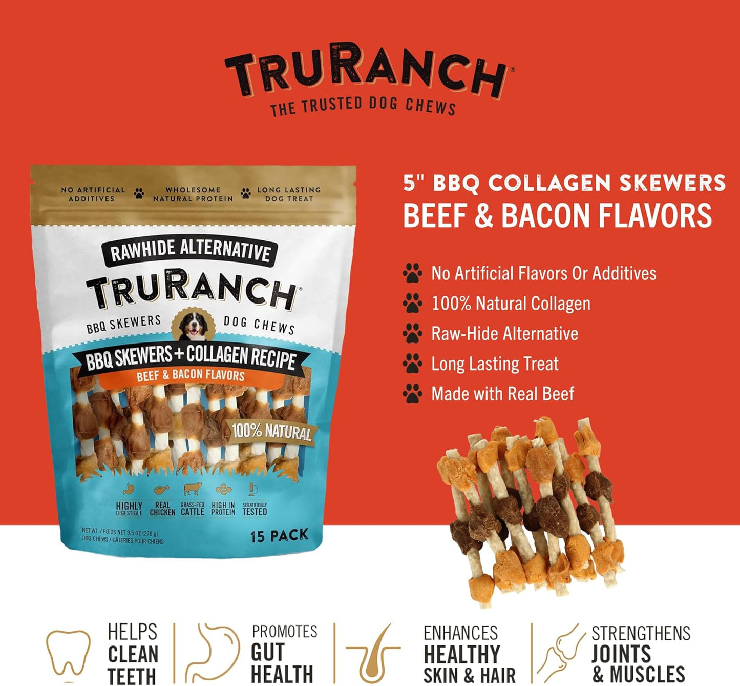 TRURANCH 5" BBQ Collagen Skewers - Collagen Dog Chews - Long Lasting Healthy Joint Support Dog Treat - Rawhide Alternative - Skin & Coat Health, 1 Bag, 15 Count