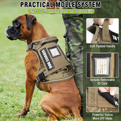 Tactical Dog Harness and Leash Set for Large Dogs,Heavy Duty No Pull Service Dog Vest and 10 Patches with Dog Seat Belt,Reflective Adjustable Pet Harness for Training Walking Hiking Camo L