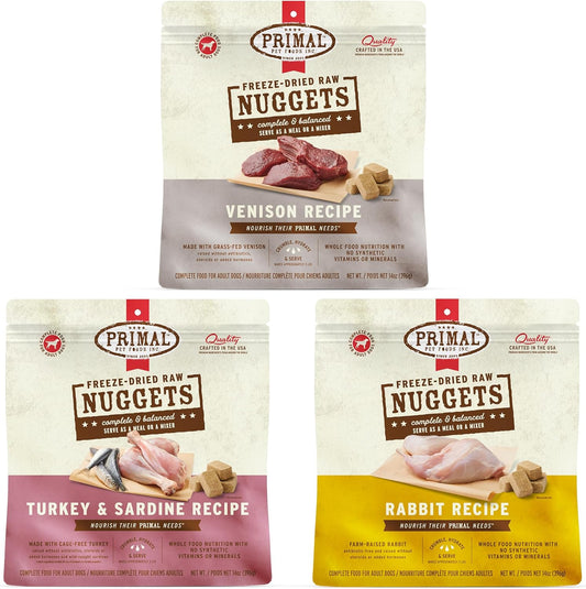 Primal Freeze Dried Raw Dog Food Nuggets Novel Protein Bundle, Turkey & Sardine, Venison, Rabbit - Complete & Balanced Meal, Topper or Treat, Premium, Healthy, Grain Free, High Protein, 14 oz Each
