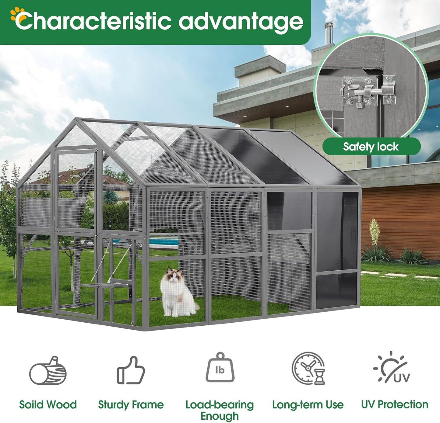 KEIKI Luxury Wooden Cat Cage Outdoor Cat Catio Enclosure 56ft²Extra Large Kitten Run House for Multiple Pets, Walk in Kitten Kennel with Bouncy Bridge, Platforms, Resting Houses, UV Resistant, Gray