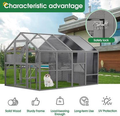 KEIKI Luxury Wooden Cat Cage Outdoor Cat Catio Enclosure 56ft²Extra Large Kitten Run House for Multiple Pets, Walk in Kitten Kennel with Bouncy Bridge, Platforms, Resting Houses, UV Resistant, Gray