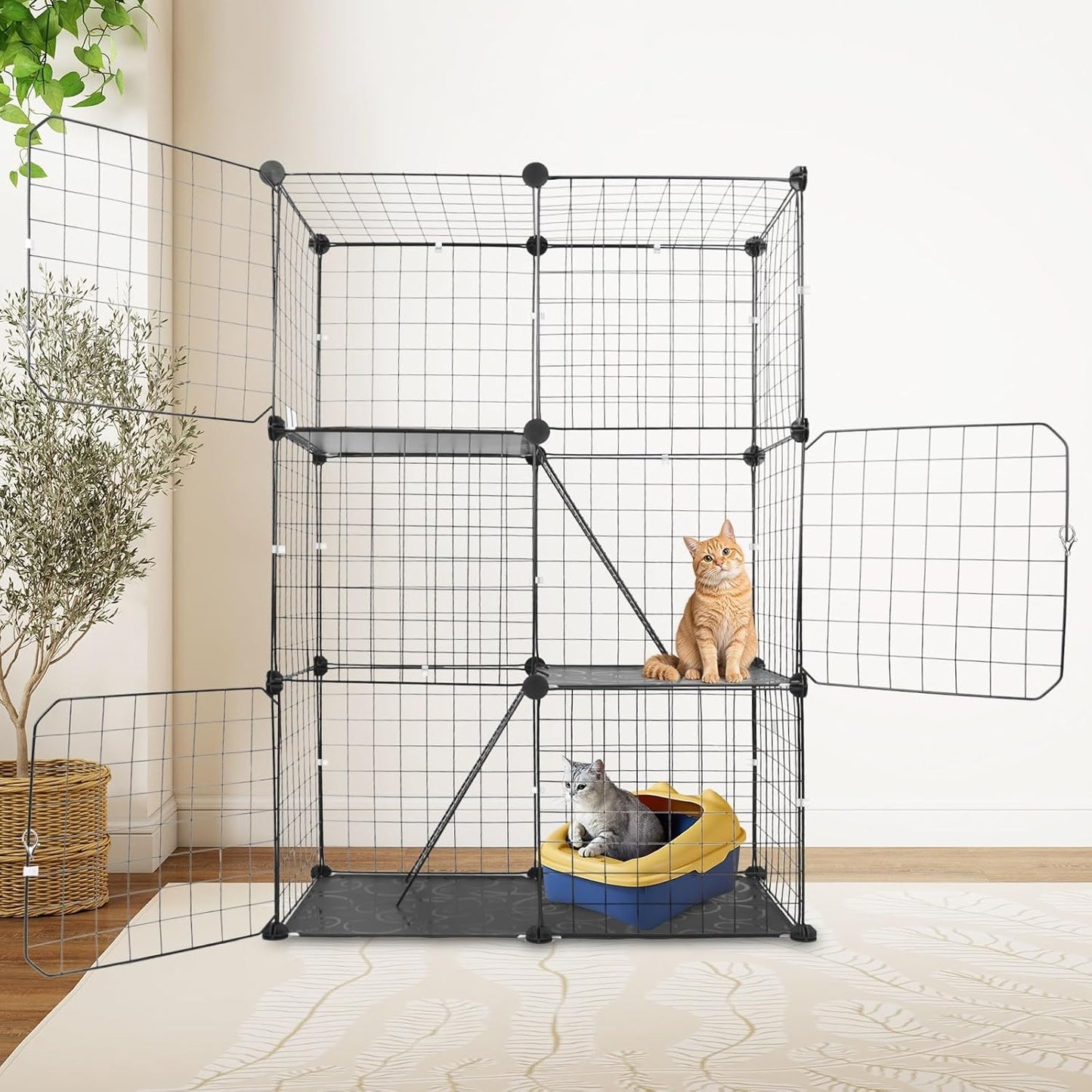 3 Tier Cat Playpen Cage, Metal Detachable DIY Indoor Cat Enclosures Kitten House Large Exercise Place Kitten Crate with 3 Doors 2 Ladders for 1-2 Cats