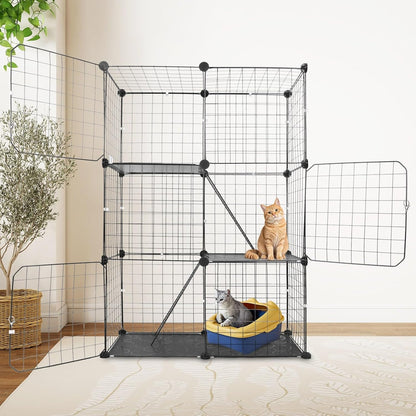 3 Tier Cat Playpen Cage, Metal Detachable DIY Indoor Cat Enclosures Kitten House Large Exercise Place Kitten Crate with 3 Doors 2 Ladders for 1-2 Cats