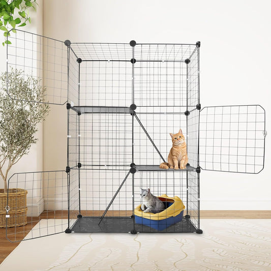 3 Tier Cat Playpen Cage, Metal Detachable DIY Indoor Cat Enclosures Kitten House Large Exercise Place Kitten Crate with 3 Doors 2 Ladders for 1-2 Cats