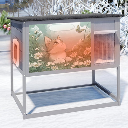 Insulated Warm Outdoor Cat House & Condos, Raised Weatherproof Kitten Shelter for Outside with All-Round Foam, Feral Cat Wooden Enclosure for Small Medium