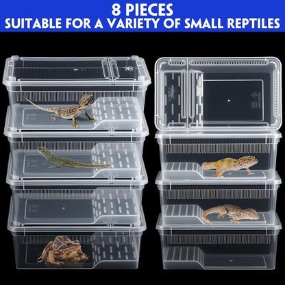 Irenare 8 Pcs Reptile Breeding Box Plastic Spider Terrarium Tarantula Feeding Box for Bearded Dragon Lizard Spider Gecko Scorpion (Vent Strips,Clear,8.6 x 5.1 x 3.1 Inch)