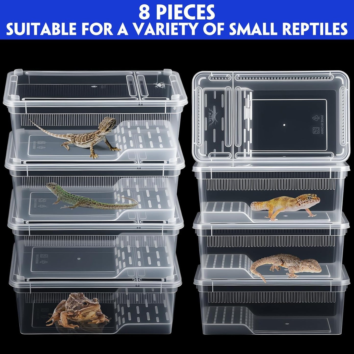 Irenare 8 Pcs Reptile Breeding Box Plastic Spider Terrarium Tarantula Feeding Box for Bearded Dragon Lizard Spider Gecko Scorpion (Vent Strips,Clear,8.6 x 5.1 x 3.1 Inch)