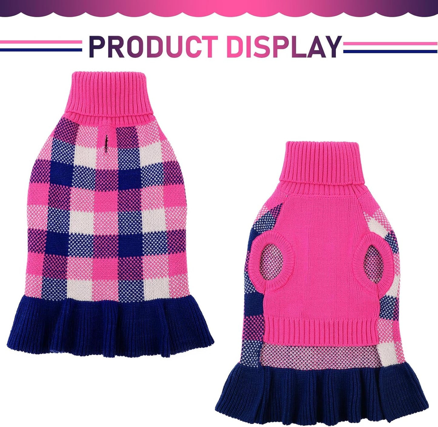 Dog Sweater Dress Plaid Knitwear for Small Medium Dogs Warm Puppy Pet Turtleneck Stretch Pullover Cute Fall Winter Vest Clothes with Leash Hole for Christmas (Navy, L)