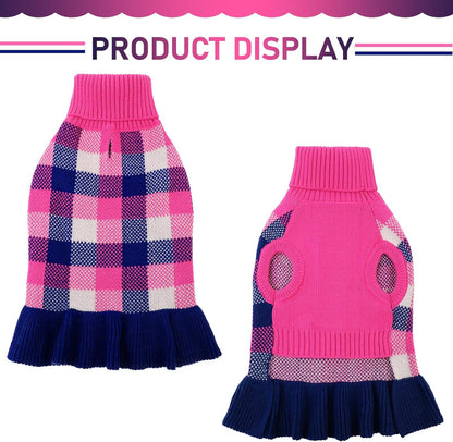Dog Sweater Dress Plaid Knitwear for Small Medium Dogs Warm Puppy Pet Turtleneck Stretch Pullover Cute Fall Winter Vest Clothes with Leash Hole for Christmas (Navy, L)