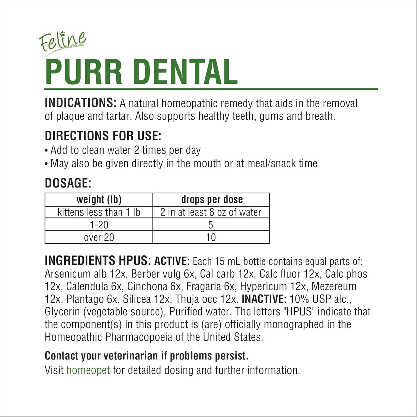 HomeoPet Feline Purr Dental, Safe and Natural Tooth and Dental Care for Cats, 15 Milliliters