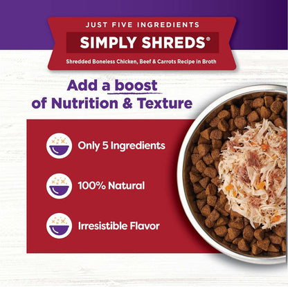 Wellness Bowl Boosters Simply Shreds Wet Dog Food Topper for Small, Medium, & Large Breeds, Grain Free, Natural, Chicken Variety Pack, 2.8 Ounce Pouch (Pack of 12)