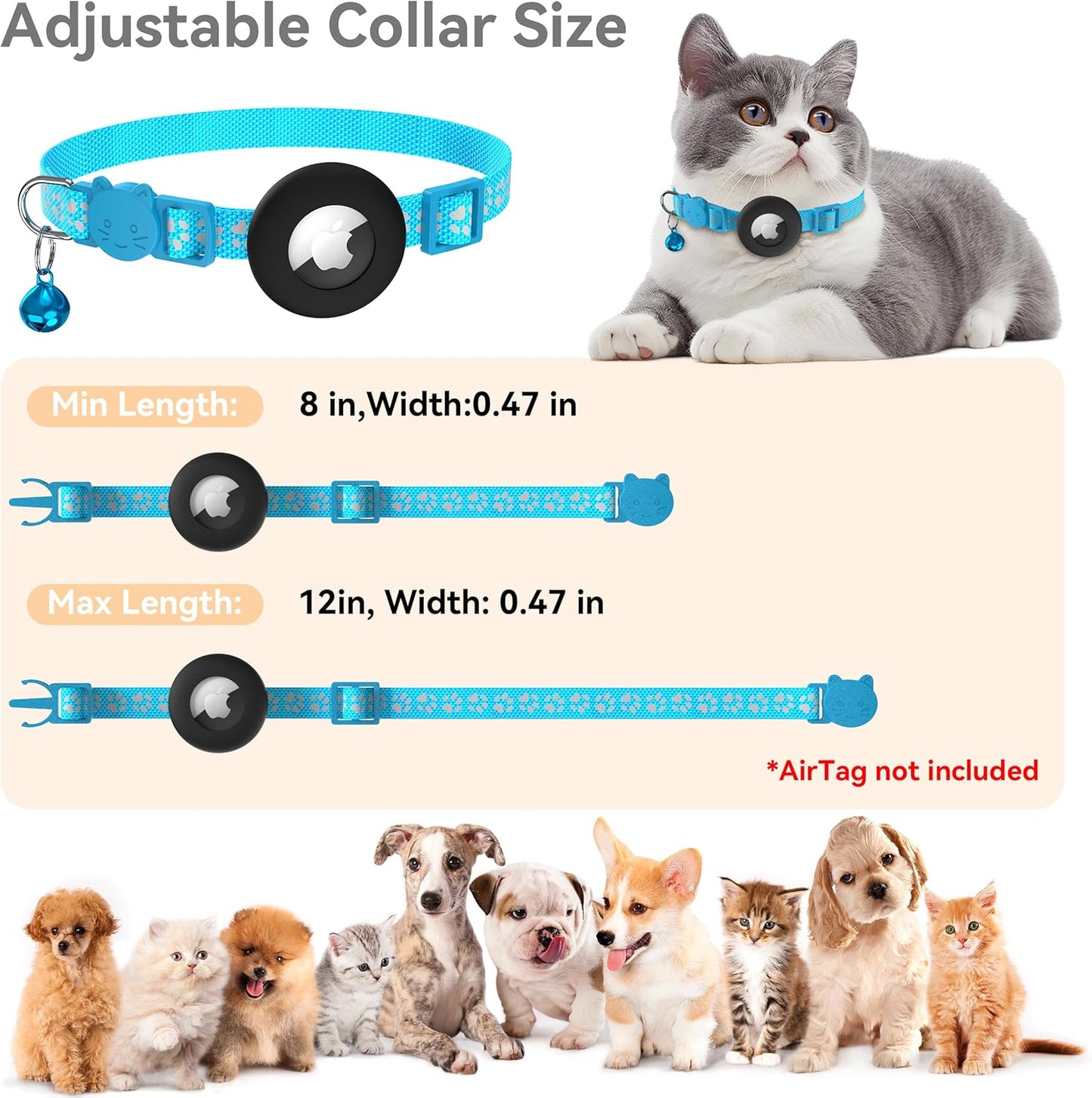 Vanjua 2 Pack Airtag Cat Collar Breakaway with Bell, Reflective Kitten Collar with Air Tag Cat Collar Holder Case for Girl Boy Cats, Pet Supplies Accessories (Black B+Blue B)