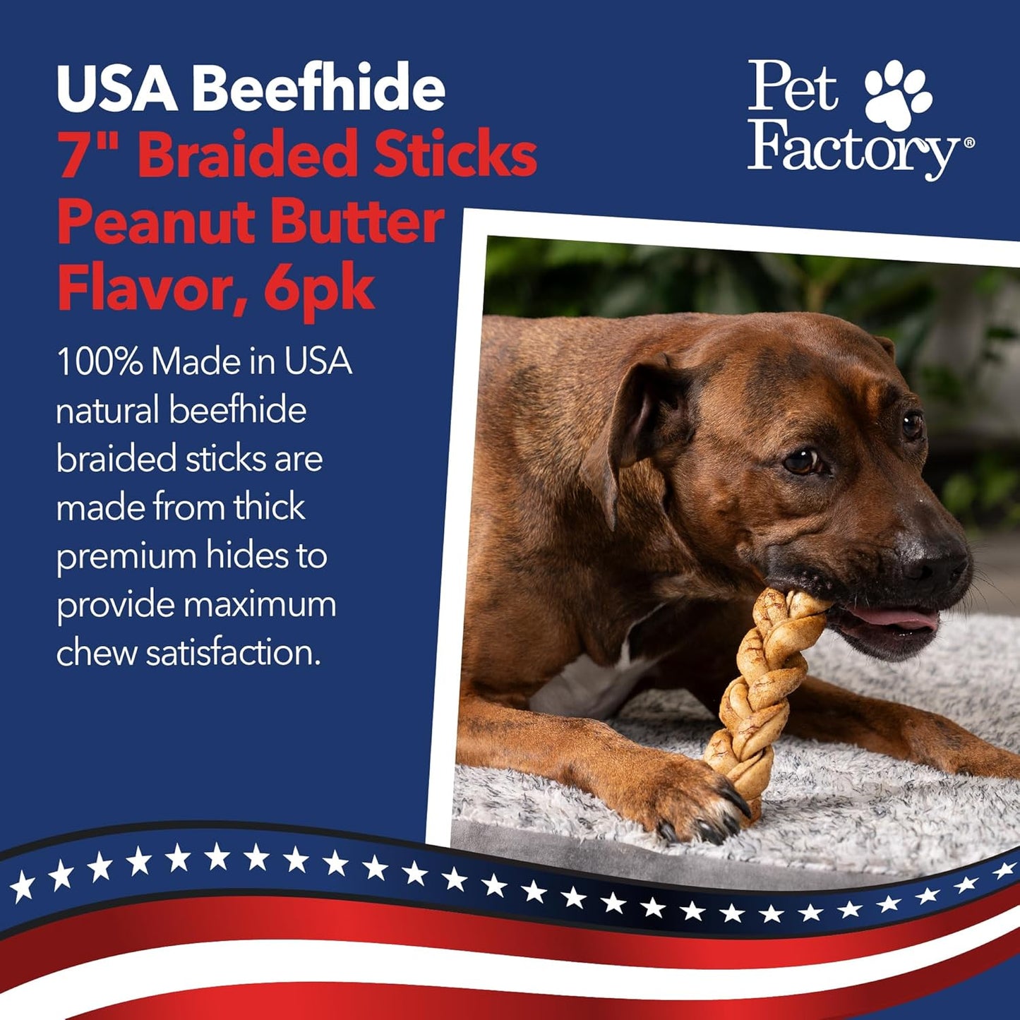 Pet Factory 7in Braided Beefhide Dog Chew Sticks with Peanut Butter Flavor - 100% USA Made Rawhide Chews for Medium Dogs, Long Lasting Dental Health, 7 inches (Pack of 6)
