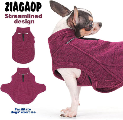 Warm Knit Dog Vest with Fleece Lining – Cold Weather Pet Jacket with Zipper Harness Opening, Adjustable Neck, Cozy and Stylish Year-Round Sweater. Purple M