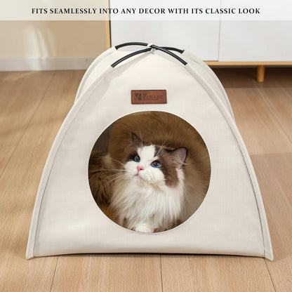All-Season Cat Tent for Indoor/Outdoor, Assembly-Free Waterproof Cat House Bed with Removable Cushion, Cozy Cave for Cats & Small Dogs (Small, White)