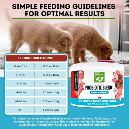 Only Natural Pet Probiotic Dog and Cat Supplement - Digestive & Gut Health Enzyme Formula, Puppy & Canine Digestive Chews, Best for Stomach Relief & Gas Aid - Soft Chews, 60 Count.