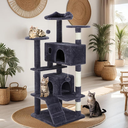 FluffyDream Cat Tree Tower for Indoor Cats, 54 Inches Multi-Level Activity Cat Tree with Sisal Scratching Posts Cat Play House Condo for Large Cat Kittens, Gray